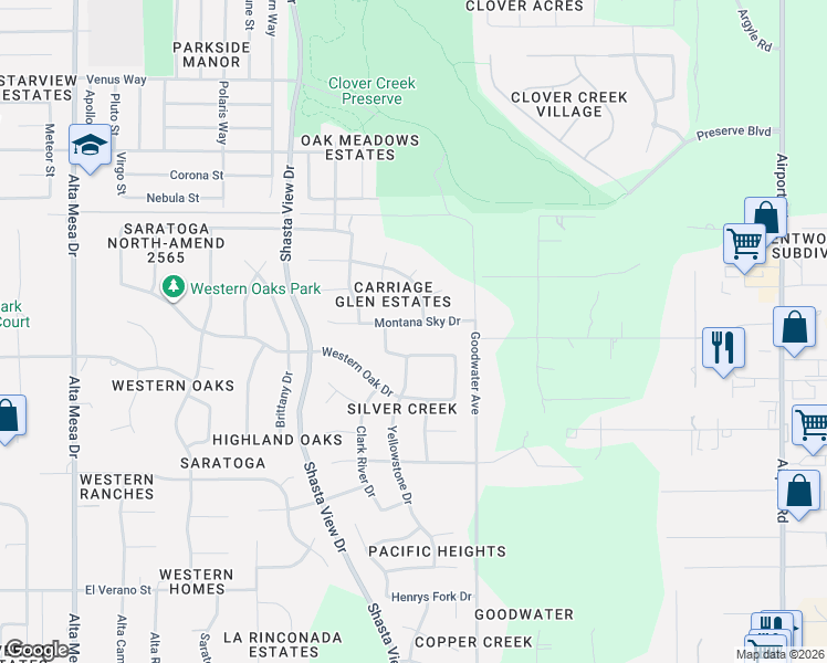 map of restaurants, bars, coffee shops, grocery stores, and more near 2964 Montana Sky Drive in Redding
