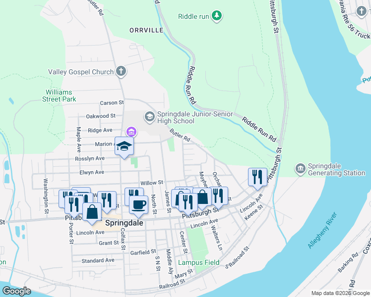 map of restaurants, bars, coffee shops, grocery stores, and more near 518 School Street in Springdale