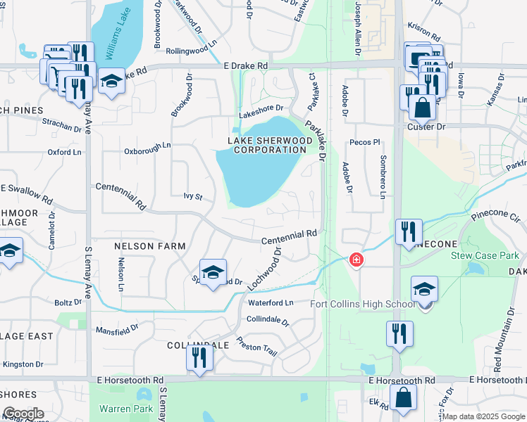 map of restaurants, bars, coffee shops, grocery stores, and more near 1712 Lake Sherwood Drive in Fort Collins