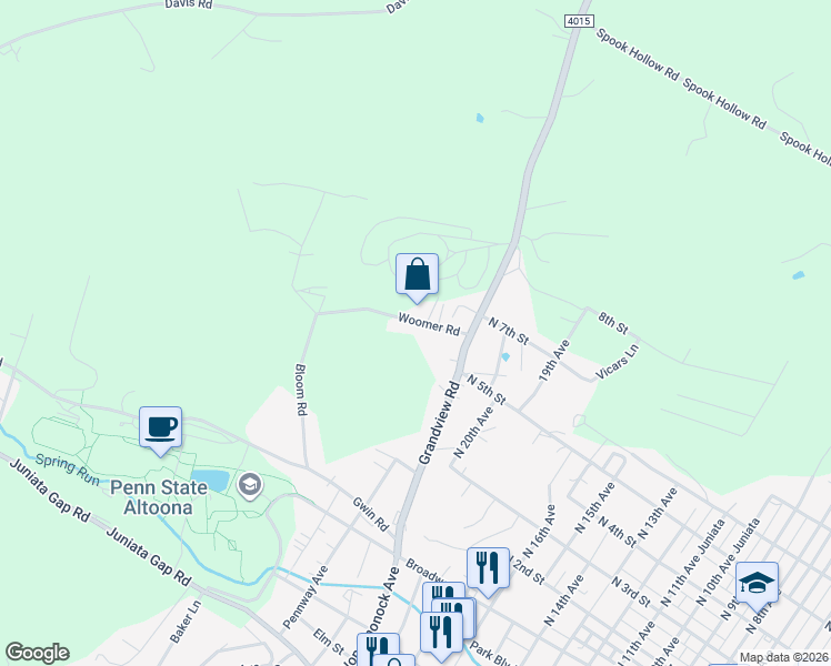 map of restaurants, bars, coffee shops, grocery stores, and more near Woomer Road in Altoona