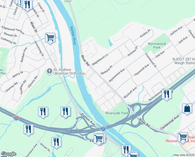map of restaurants, bars, coffee shops, grocery stores, and more near 280 River Road in Piscataway Township