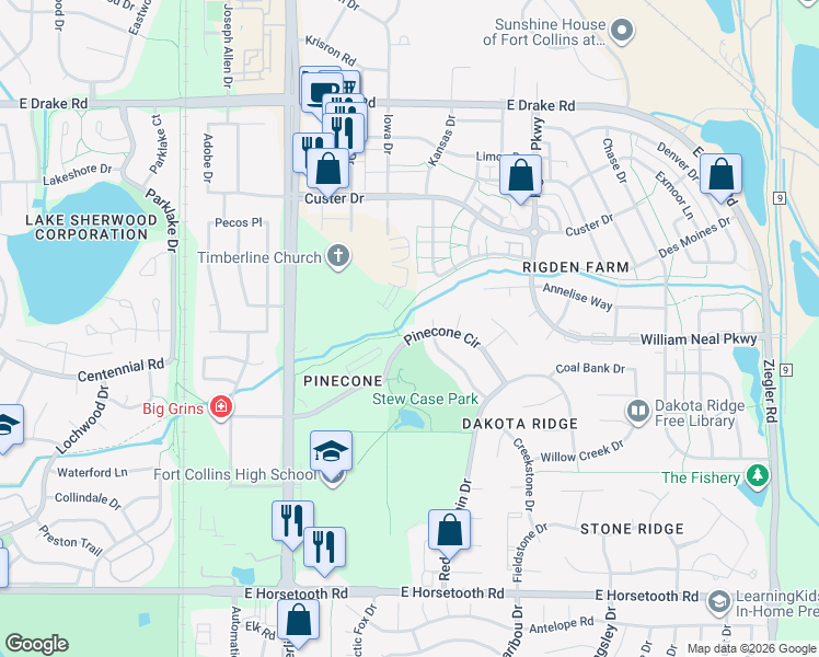 map of restaurants, bars, coffee shops, grocery stores, and more near 3007 San Luis Court in Fort Collins