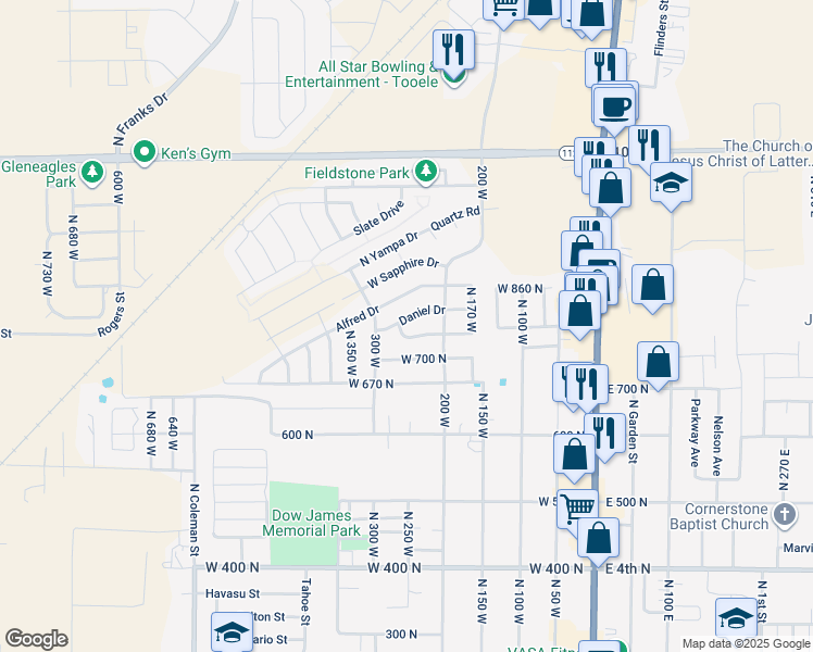map of restaurants, bars, coffee shops, grocery stores, and more near 283 Alfred Drive in Tooele