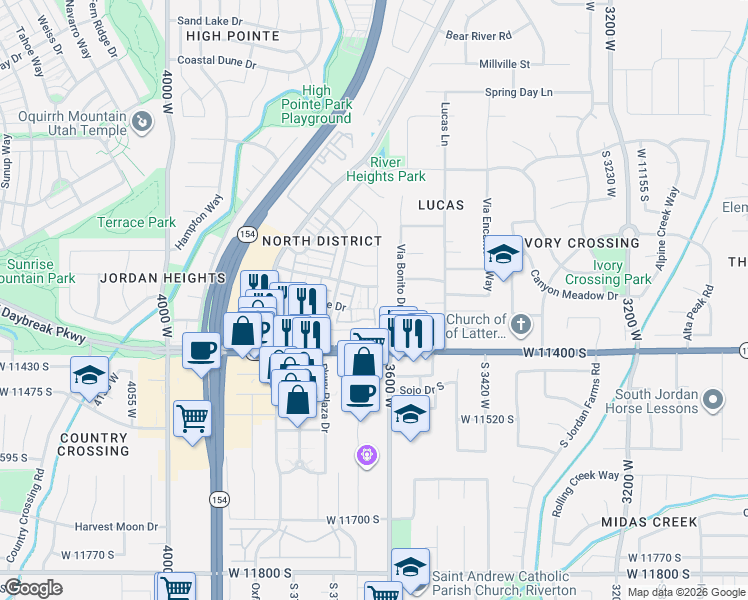 map of restaurants, bars, coffee shops, grocery stores, and more near 11304 Ropemaker Road in South Jordan