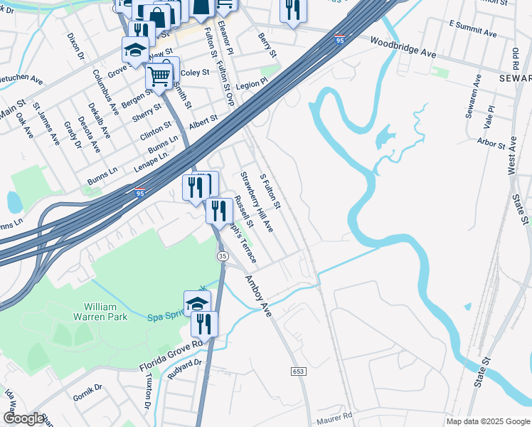 map of restaurants, bars, coffee shops, grocery stores, and more near 120 Strawberry Hill Avenue in Woodbridge Township