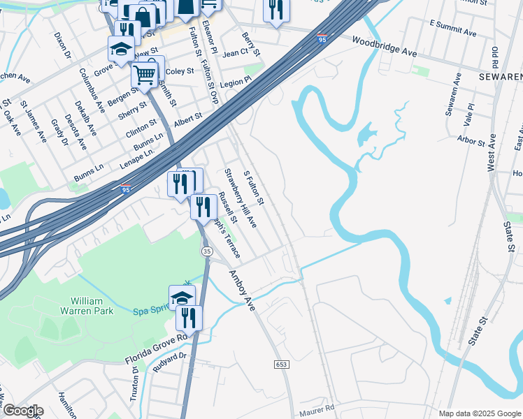 map of restaurants, bars, coffee shops, grocery stores, and more near 113 South Fulton Street in Woodbridge Township
