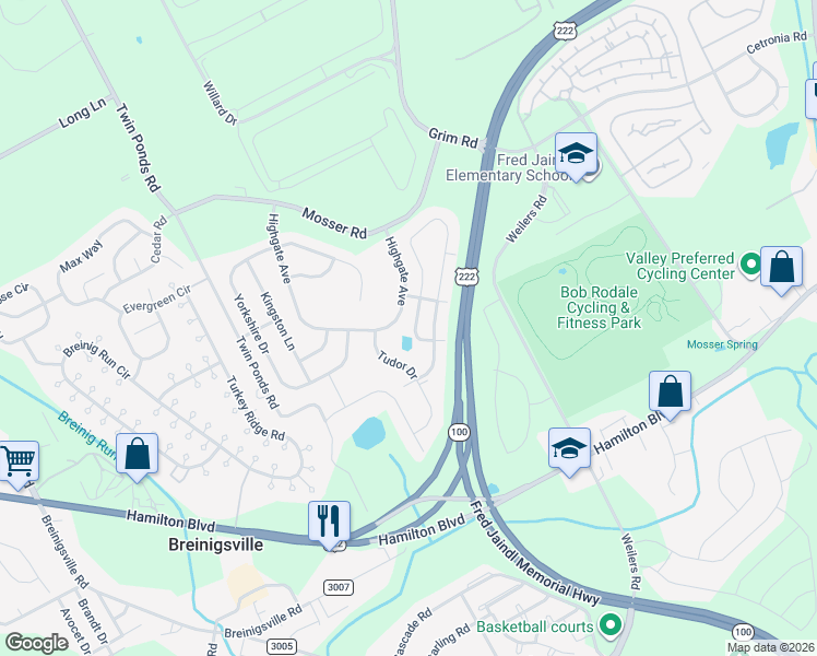 map of restaurants, bars, coffee shops, grocery stores, and more near 883 King Way in Breinigsville