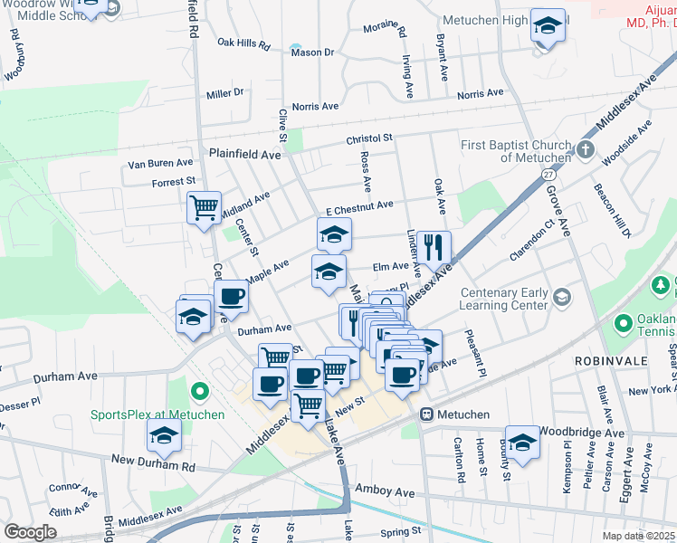 map of restaurants, bars, coffee shops, grocery stores, and more near in Metuchen