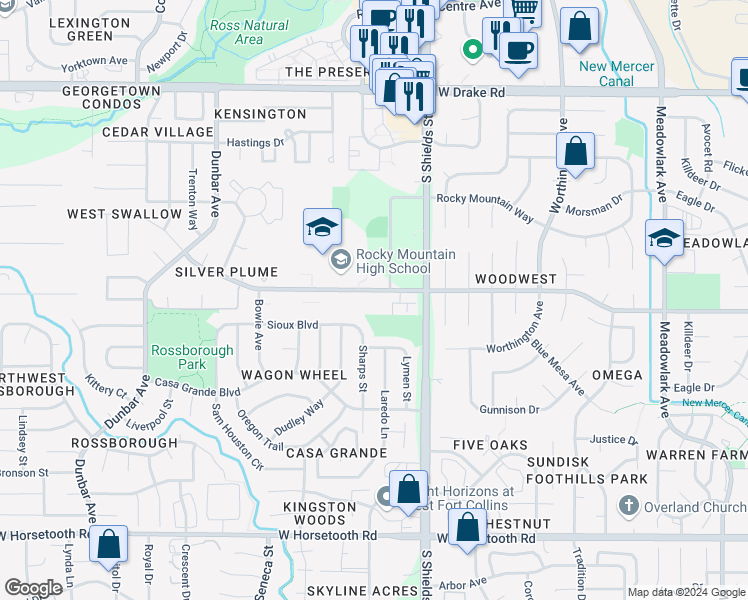 map of restaurants, bars, coffee shops, grocery stores, and more near 1231 West Swallow Road in Fort Collins