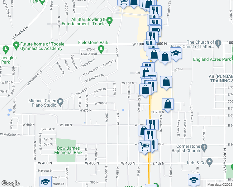 map of restaurants, bars, coffee shops, grocery stores, and more near 744 North 170 West in Tooele