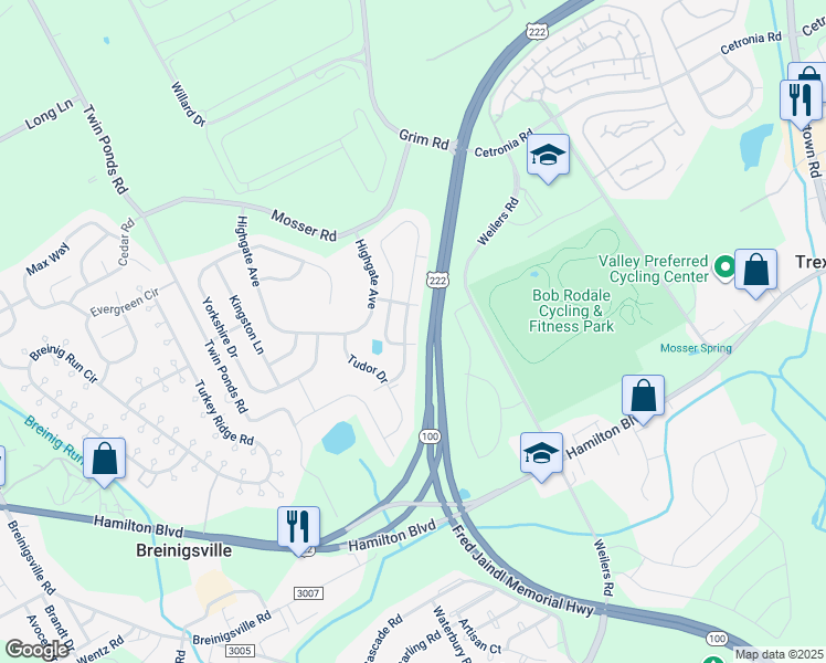 map of restaurants, bars, coffee shops, grocery stores, and more near 1085 King Way in Breinigsville