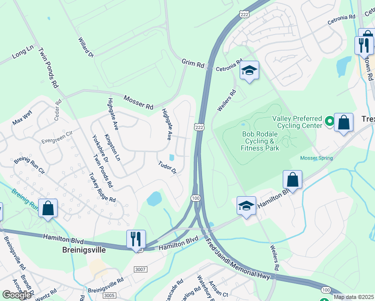 map of restaurants, bars, coffee shops, grocery stores, and more near 1085 King Way in Breinigsville