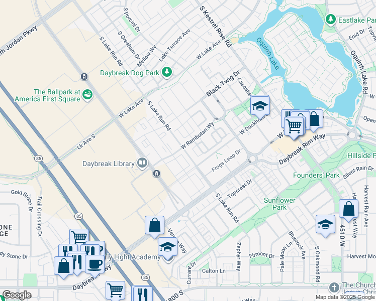 map of restaurants, bars, coffee shops, grocery stores, and more near 11307 South Lake Run Road in South Jordan
