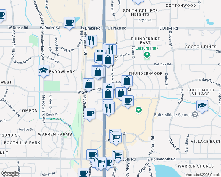 map of restaurants, bars, coffee shops, grocery stores, and more near 3000 South College Avenue in Fort Collins