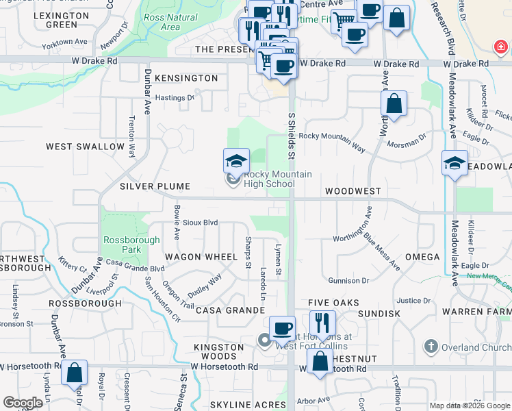map of restaurants, bars, coffee shops, grocery stores, and more near 1231 West Swallow Road in Fort Collins