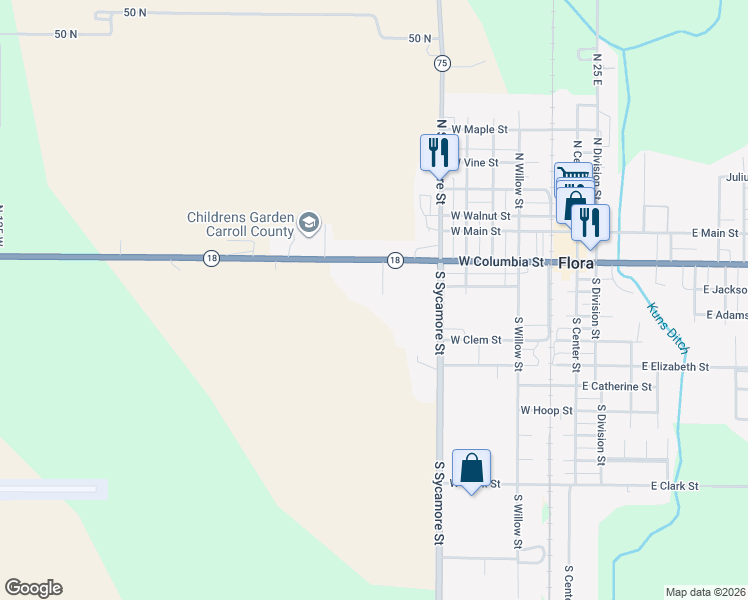 map of restaurants, bars, coffee shops, grocery stores, and more near 128-198 S Howard St in Flora