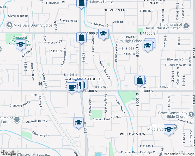 map of restaurants, bars, coffee shops, grocery stores, and more near 753 Sandy Dunes Drive in Sandy