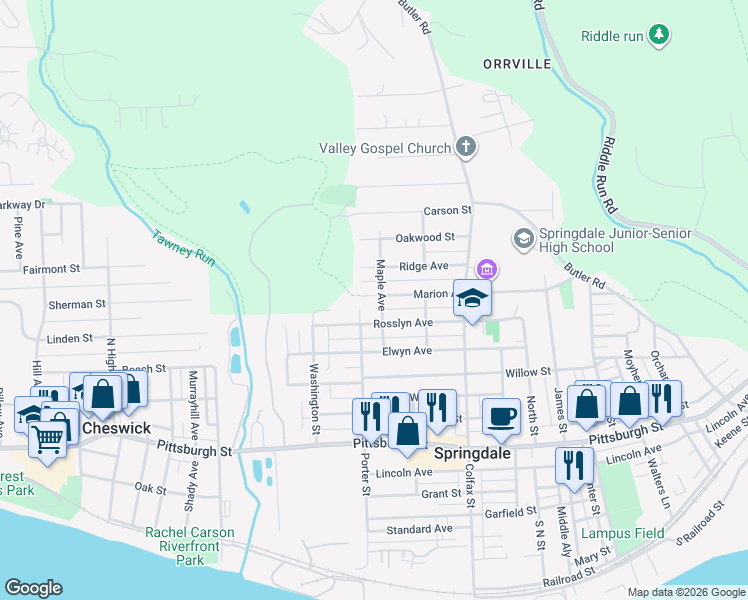 map of restaurants, bars, coffee shops, grocery stores, and more near 607 Maple Avenue in Springdale