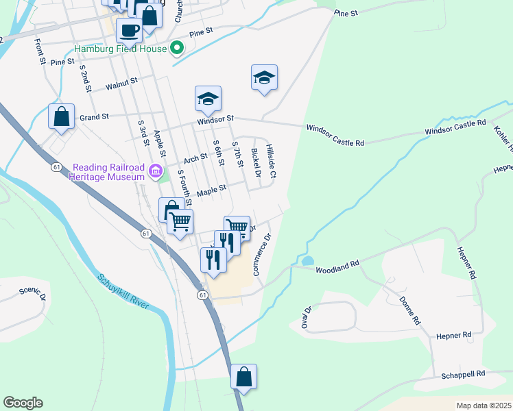 map of restaurants, bars, coffee shops, grocery stores, and more near 12 Broadwinge Circle in Hamburg