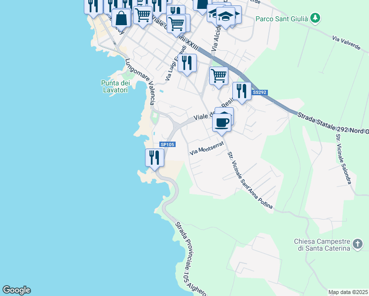 map of restaurants, bars, coffee shops, grocery stores, and more near 1 Via Carbia in Alghero