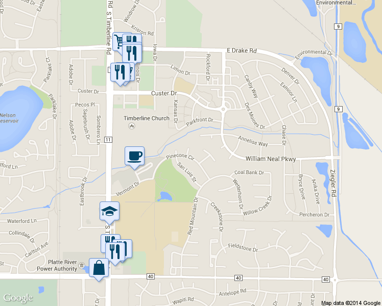 map of restaurants, bars, coffee shops, grocery stores, and more near 3007 Milner Court in Fort Collins