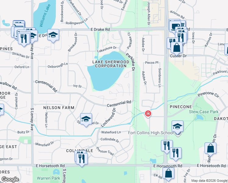 map of restaurants, bars, coffee shops, grocery stores, and more near 3005 Marina Lane in Fort Collins