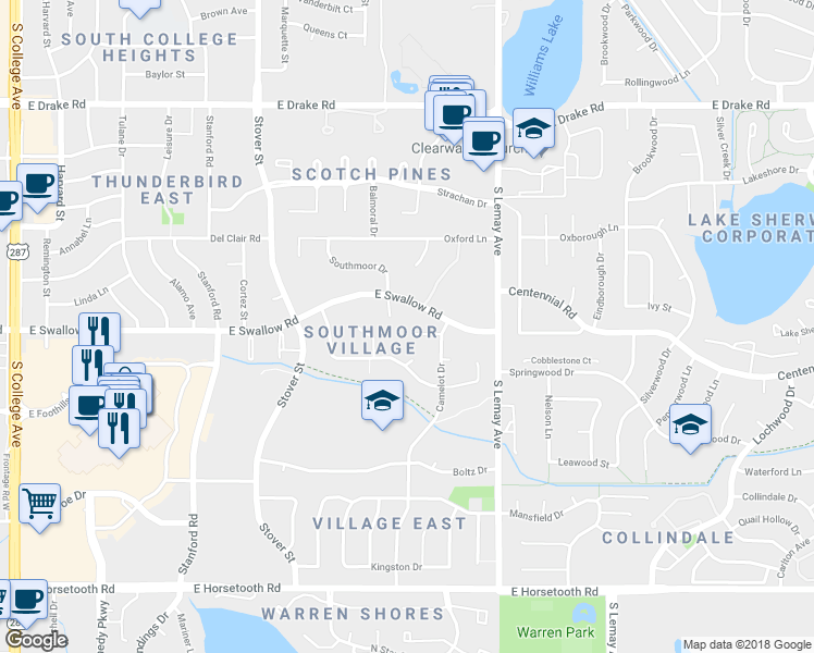 map of restaurants, bars, coffee shops, grocery stores, and more near 905 East Swallow Road in Fort Collins