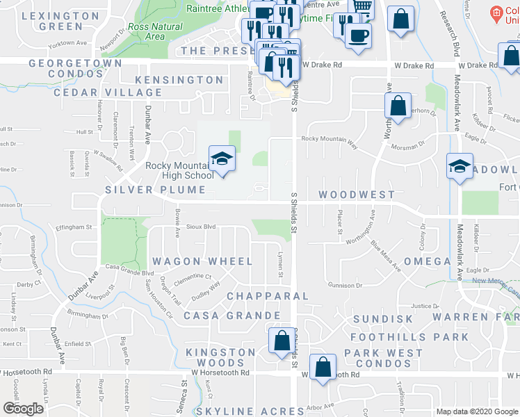 map of restaurants, bars, coffee shops, grocery stores, and more near 1115 West Swallow Road in Fort Collins