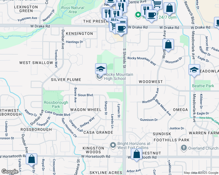 map of restaurants, bars, coffee shops, grocery stores, and more near 1231 West Swallow Road in Fort Collins