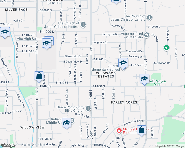 map of restaurants, bars, coffee shops, grocery stores, and more near 11279 Sandy Ridge Drive in Sandy