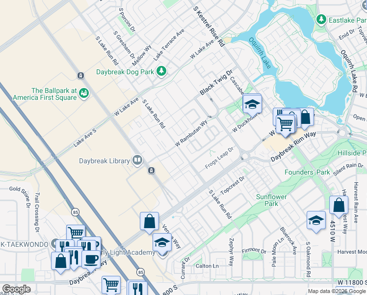 map of restaurants, bars, coffee shops, grocery stores, and more near 5033 Rambutan Way in South Jordan
