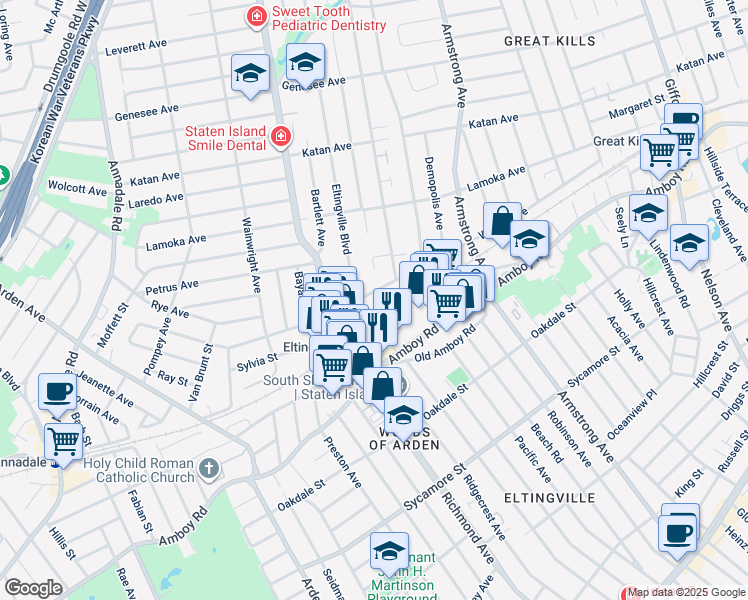 map of restaurants, bars, coffee shops, grocery stores, and more near 75 Eltingville Boulevard in Staten Island