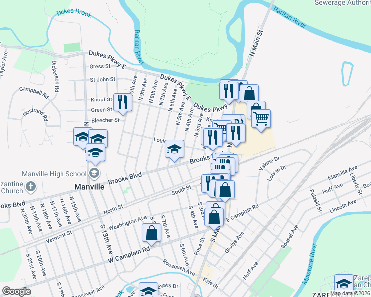map of restaurants, bars, coffee shops, grocery stores, and more near 210 North 4th Avenue in Manville