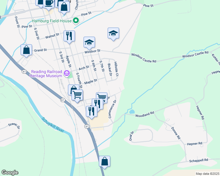 map of restaurants, bars, coffee shops, grocery stores, and more near 12 Broadwinge Circle in Hamburg