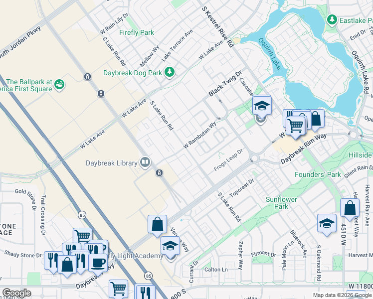 map of restaurants, bars, coffee shops, grocery stores, and more near 11267 Lake Run Road in South Jordan