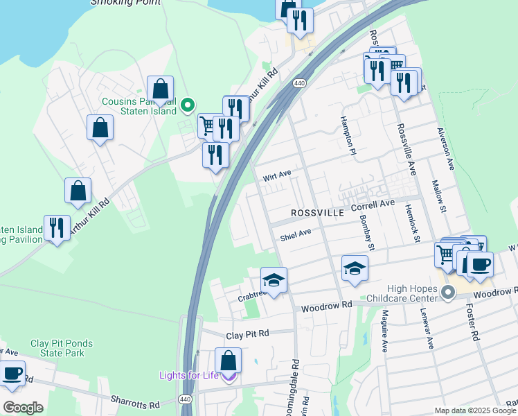 map of restaurants, bars, coffee shops, grocery stores, and more near 14 Lorraine Loop in Staten Island