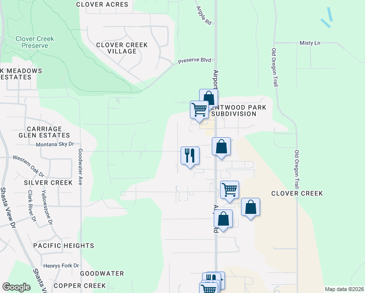map of restaurants, bars, coffee shops, grocery stores, and more near 8903 Impasse Ln in Redding