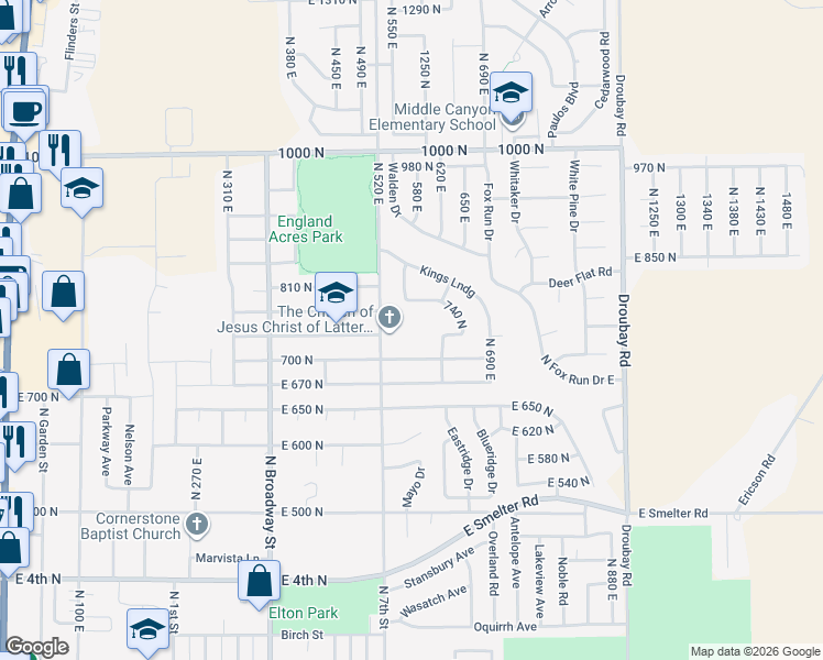 map of restaurants, bars, coffee shops, grocery stores, and more near 752 520 East in Tooele