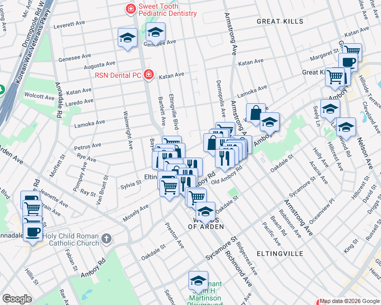 map of restaurants, bars, coffee shops, grocery stores, and more near 75 Eltingville Boulevard in Staten Island