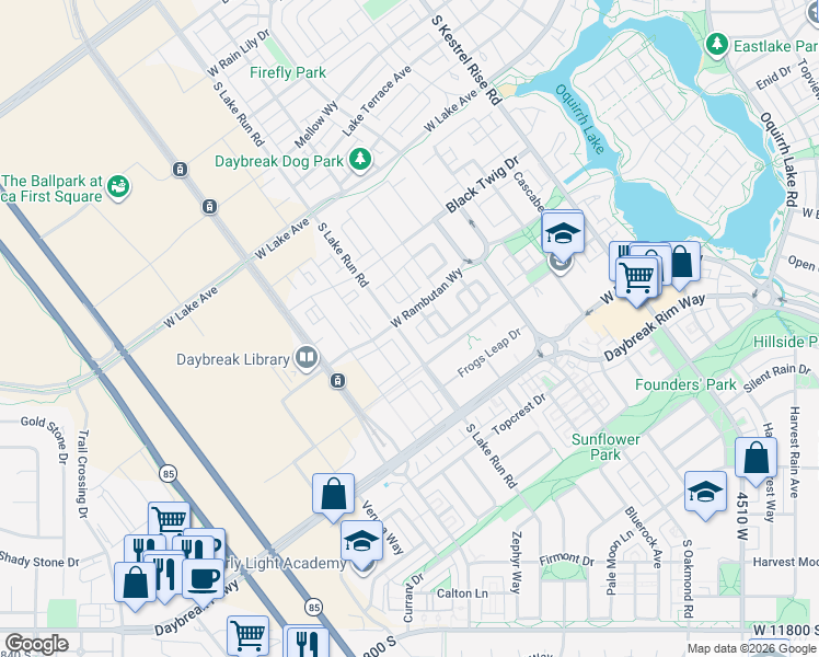 map of restaurants, bars, coffee shops, grocery stores, and more near 11309 South Lake Run Road in South Jordan