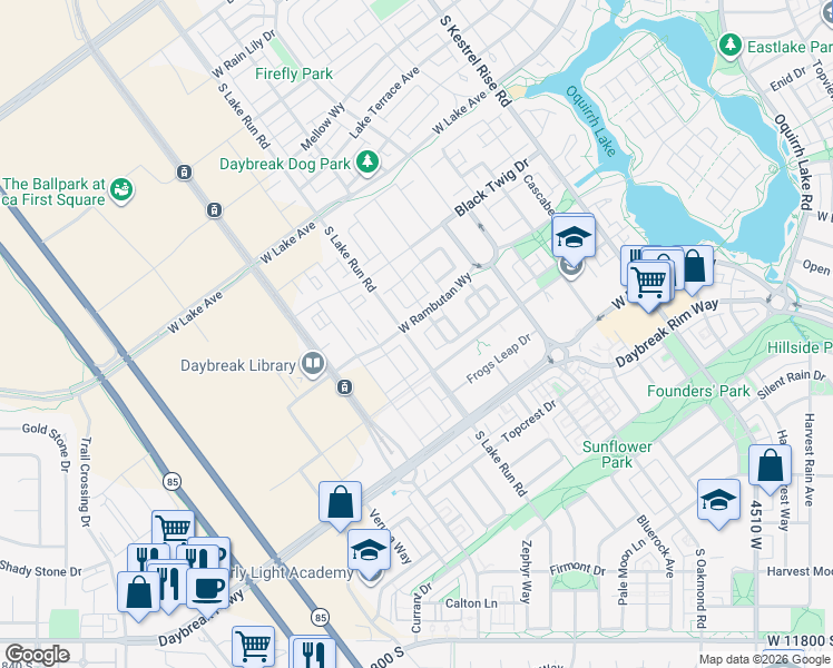 map of restaurants, bars, coffee shops, grocery stores, and more near 5033 Rambutan Way in South Jordan