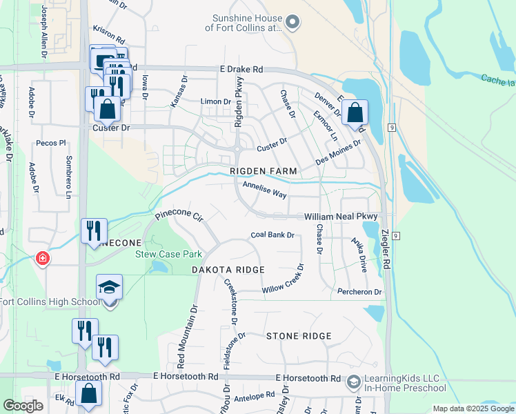 map of restaurants, bars, coffee shops, grocery stores, and more near 2702 William Neal Parkway in Fort Collins