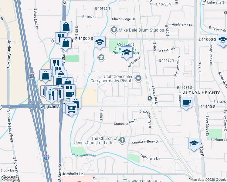 map of restaurants, bars, coffee shops, grocery stores, and more near 11309 Jordan Meadow Lane in Sandy