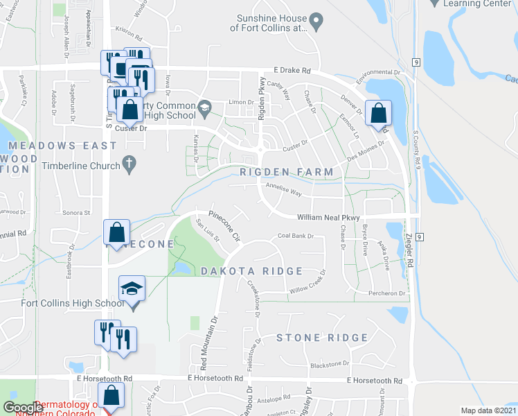 map of restaurants, bars, coffee shops, grocery stores, and more near 3020 Morab Court in Fort Collins