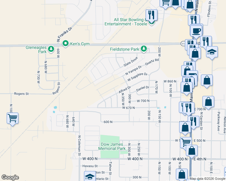 map of restaurants, bars, coffee shops, grocery stores, and more near 409 West Sapphire Drive in Tooele