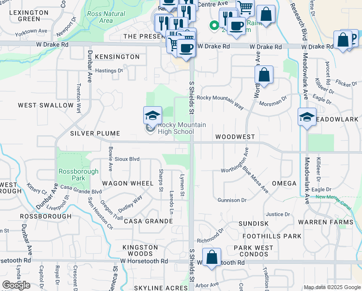 map of restaurants, bars, coffee shops, grocery stores, and more near 1115 West Swallow Road in Fort Collins