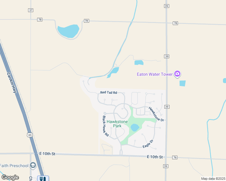 map of restaurants, bars, coffee shops, grocery stores, and more near 1531 Red Tail Road in Eaton