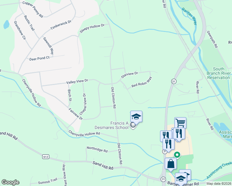 map of restaurants, bars, coffee shops, grocery stores, and more near 4 Covered Bridge Road in Flemington