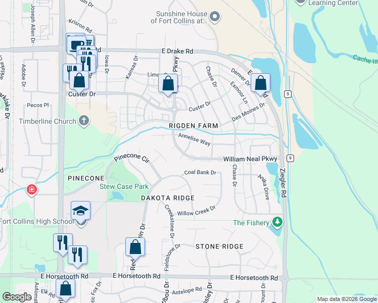 map of restaurants, bars, coffee shops, grocery stores, and more near 2702 William Neal Parkway in Fort Collins