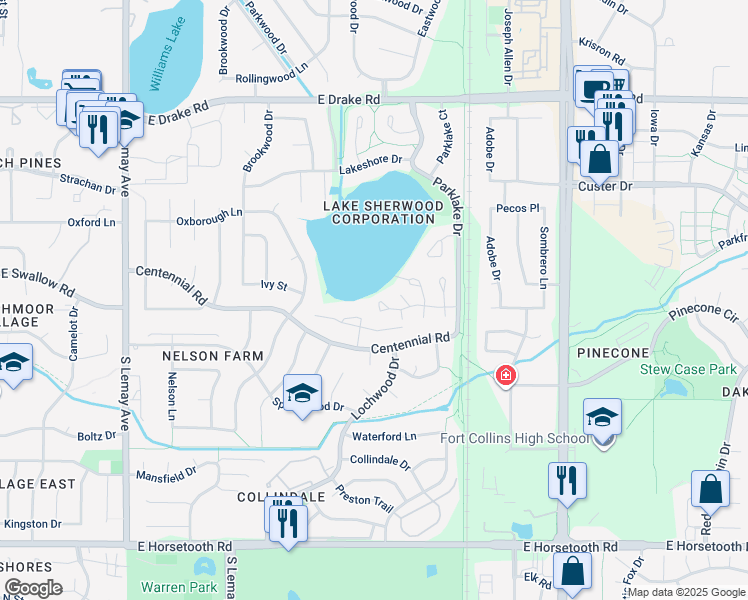 map of restaurants, bars, coffee shops, grocery stores, and more near 1712 Lake Sherwood Drive in Fort Collins